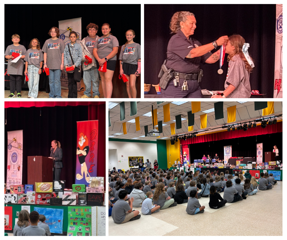 "A photo collage with a white background featuring four images from a school  event.  Top Left: Students in matching t-shirts posing together for a group portrait indoors.  Top Right: DARE officer presenting a medal or lanyard to a student on a stage.  Bottom Left: A young woman standing on a stage under professional stage lighting, holding a microphone and speaking .  Bottom Right: A wide-angle shot of a large indoor cafeteria filled with students and adults sitting at long tables for a ceremony."