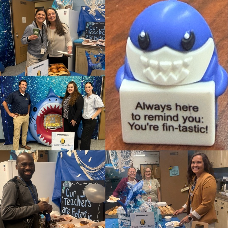 A collage of photos shows a shark-themed staff appreciation breakfast. Staff members are smiling while enjoying coffee and breakfast treats  