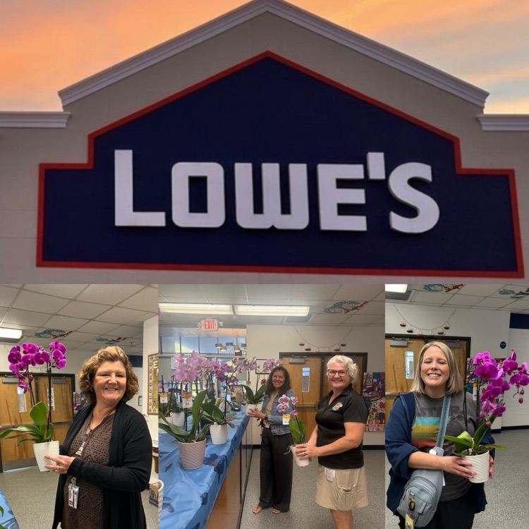 Lowe’s sign is shown above photos of staff members proudly holding vibrant orchid plants. The winners smile as they display their flowers in a school setting. The scene captures a cheerful moment from a staff appreciation giveaway.