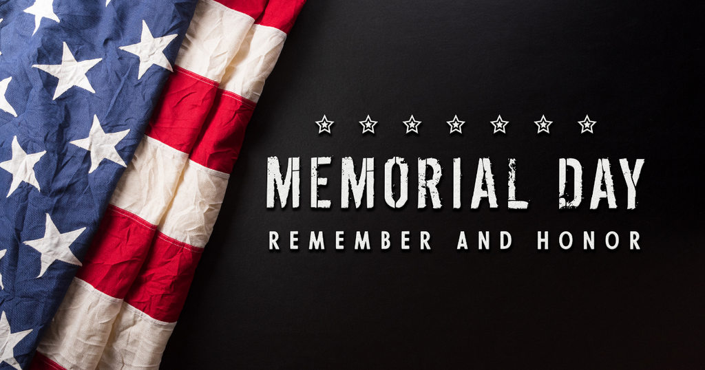 American flag draped along the left side against a dark background with the words “Memorial Day – Remember and Honor” displayed on the right with stars above the text.