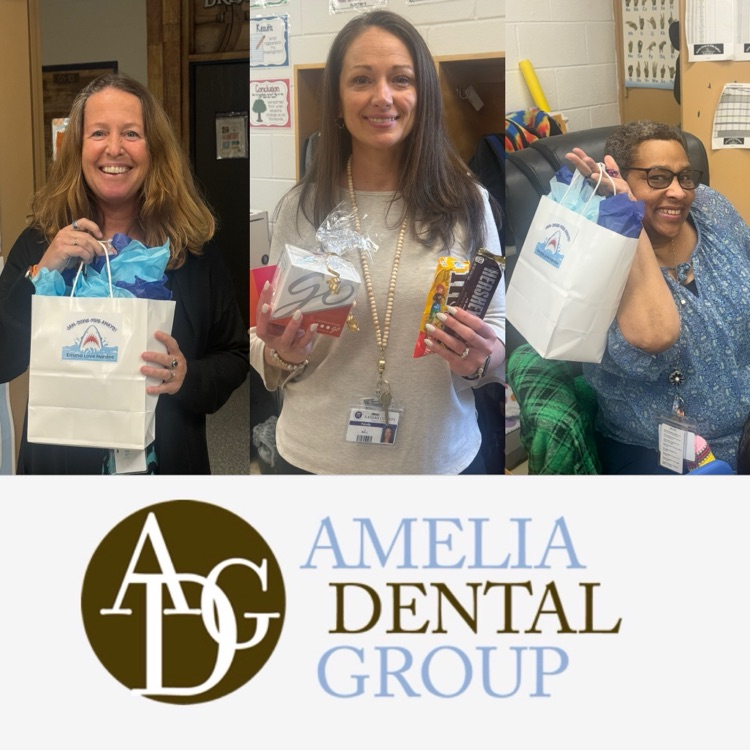 the top has three different female teachers smiling while holding up gift bags. the bottom has the Amelia Dental Group logo 