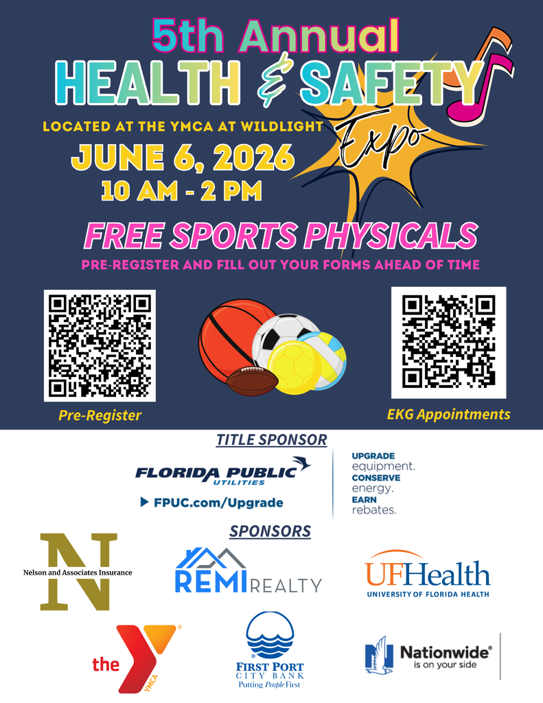 Flyer for the 5th Annual Health and Safety Expo at the YMCA at Wildlight on June 6, 2026, from 10 AM to 2 PM, promoting free sports physicals with pre-registration and EKG appointment QR codes. Sponsored by Florida Public Utilities and community partners including UF Health, the YMCA, and local businesses.