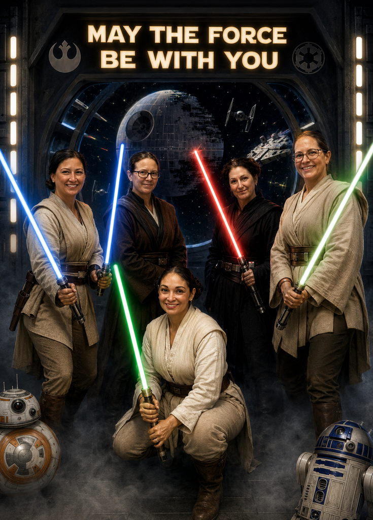 Pre-K team in front of death Star background with a AI generated picture of them in Jedi Master costumes with lightsabers.