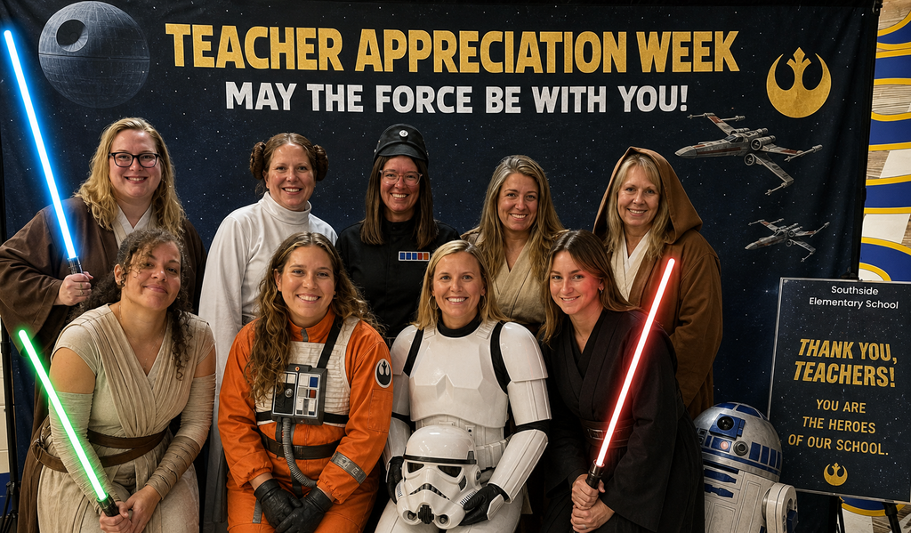 The kindergarten team in an AI generated picture with Star Wars background. all dressed as different characters from Star Wars movies including Stormtroopers, Jedi Masters and rebel pilots.