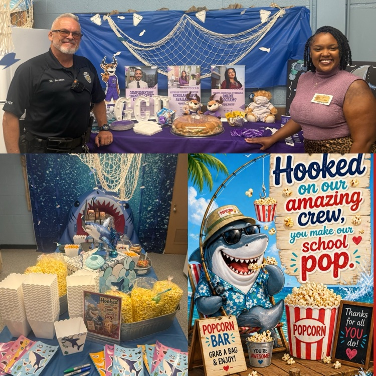 popcorn bar with candy, syrup, marshmallows, pretzels and more.  SRO and the GCU representative standing in front of GCU spirit gear and finger foods  