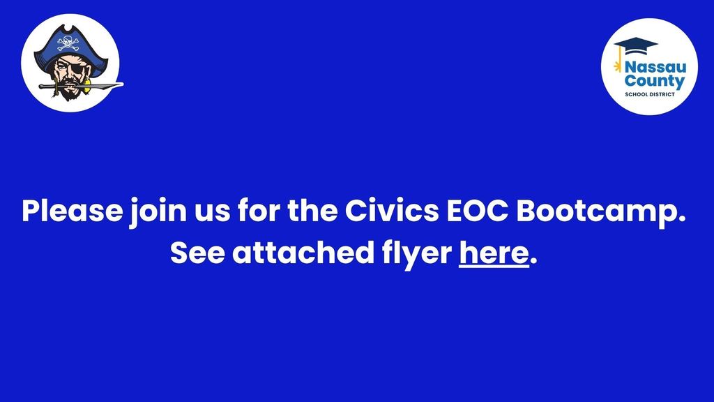 Link to the Civics EOC bootcamp flyer with the pirate logo and NCSD logo.