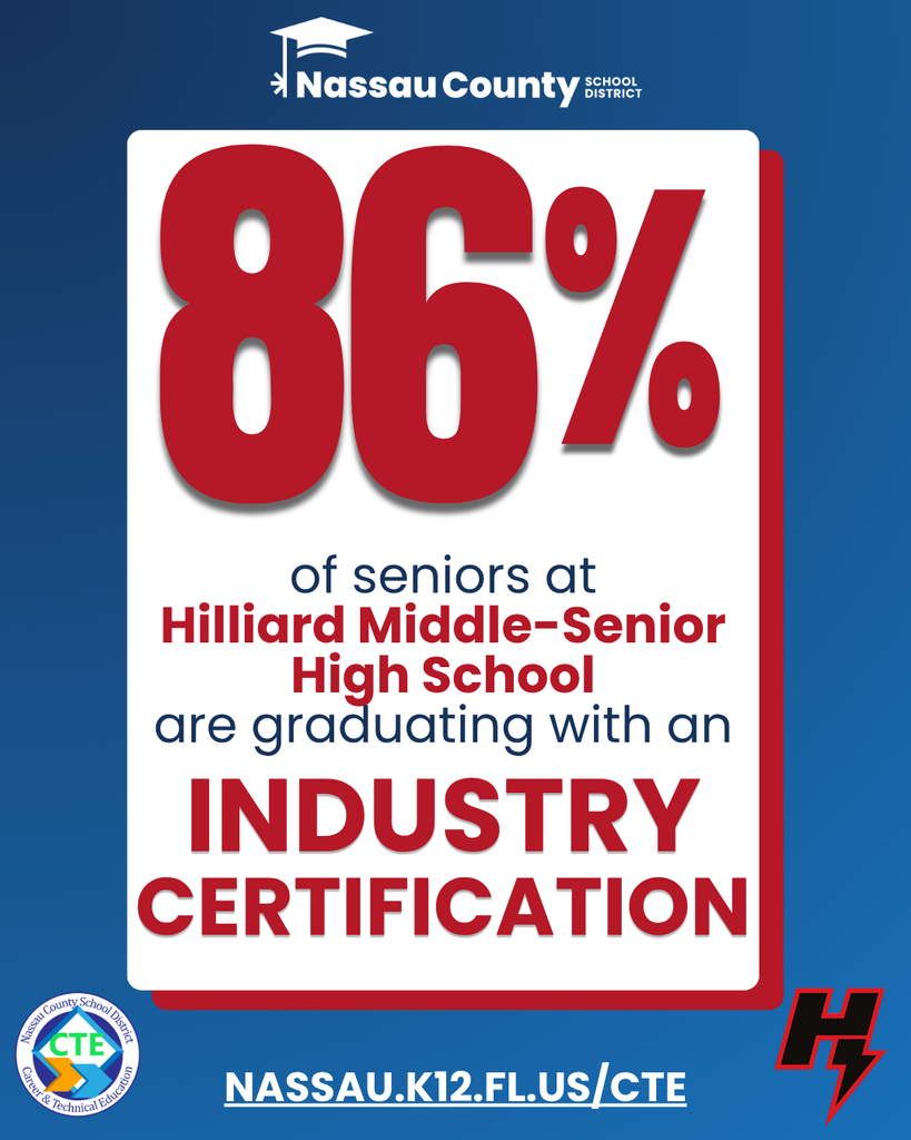 Graphic from Nassau County School District stating that 86% of seniors at Hilliard Middle-Senior High School are graduating with an industry certification. The graphic features large red “86%” text, navy and red school branding, Nassau County CTE logo, and Hilliard school logo on a blue background.