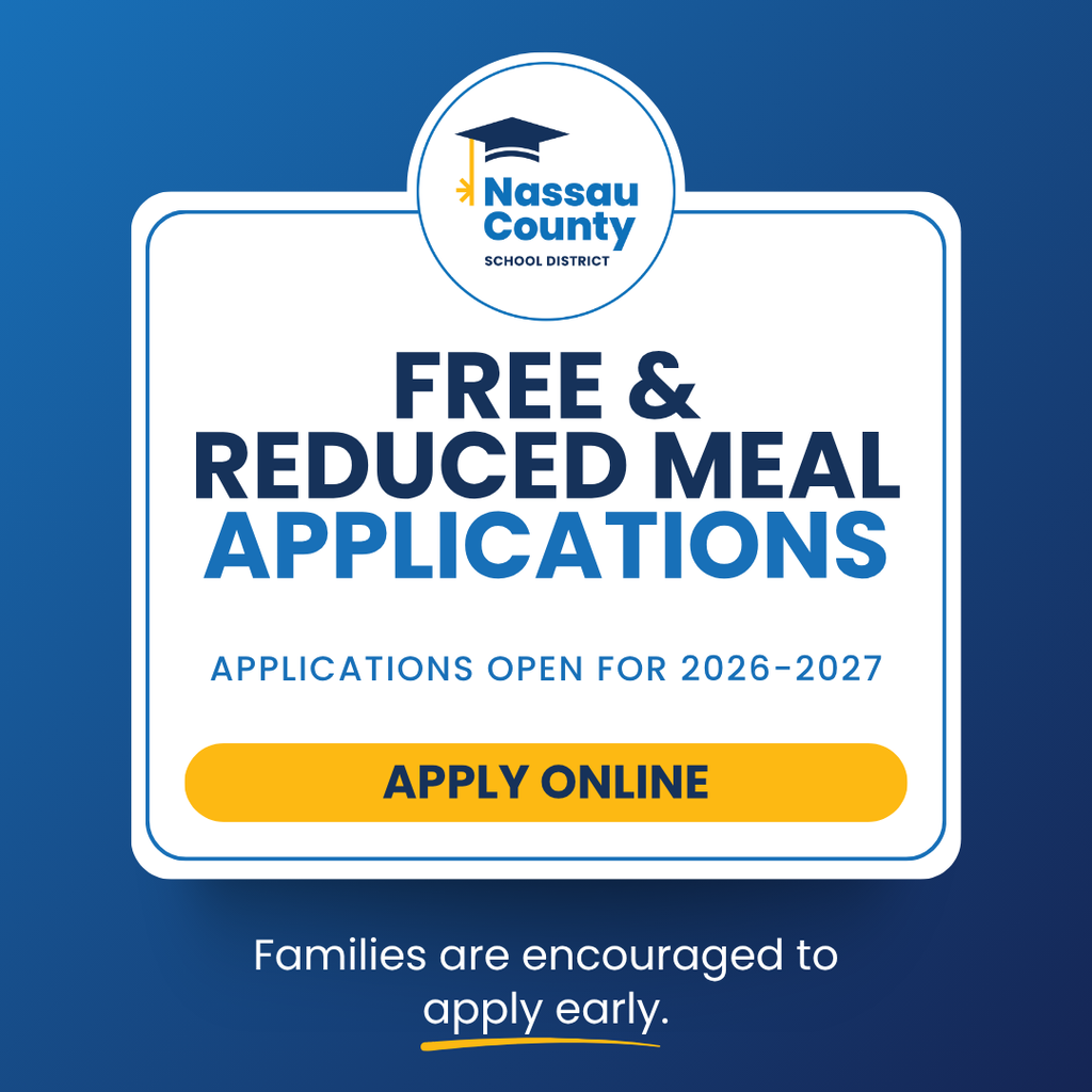 Blue Nassau County School District graphic reading “Free & Reduced Meal Applications” with the subheading “Applications Open for 2026-2027” and a yellow button displaying “Apply Online.”
