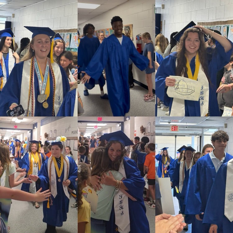 six pictures of seniors in their cap and gown walking through elementary students with smiles on their faces. one pic shows a student giving a grad a hug while’s others are tagging their hands   