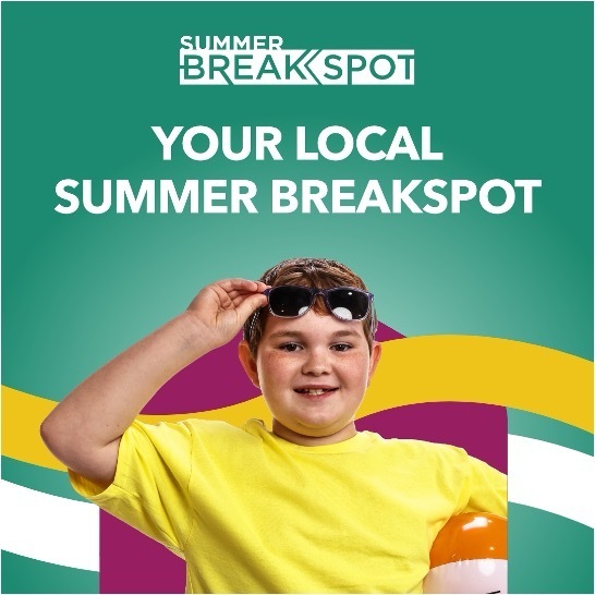 Child wearing a yellow shirt and sunglasses smiles while holding a beach ball. Text reads: “Summer BreakSpot. Your local Summer BreakSpot.”