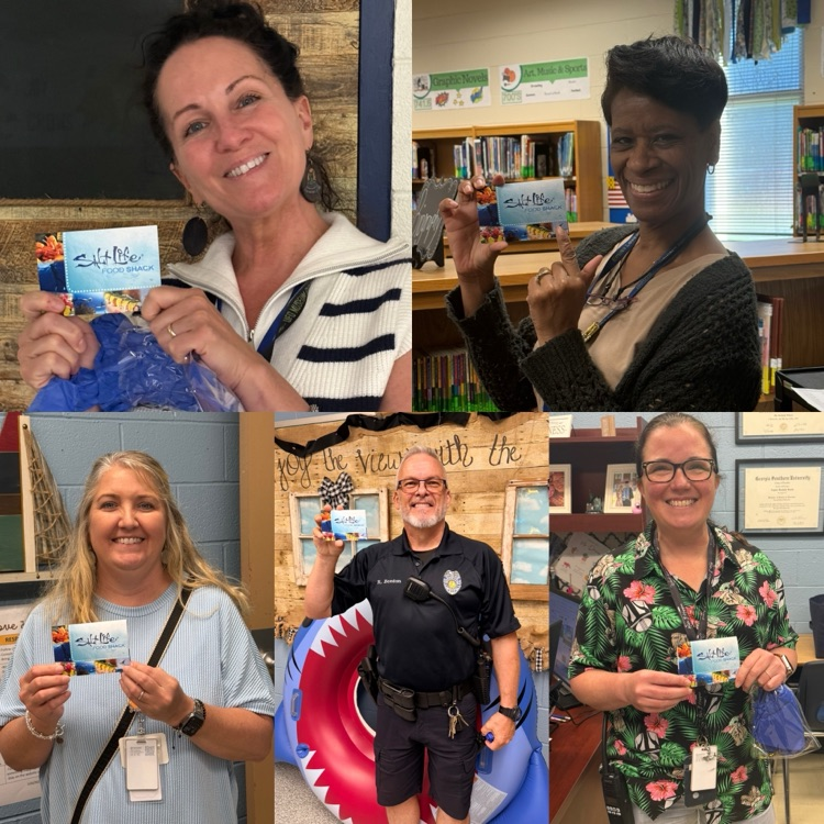 5 different adults smiling and holding a Salt Life gift card. 4 women and 1 male school resource officer 