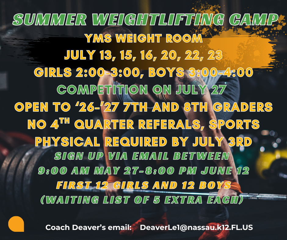 Promotional graphic for a middle school summer weightlifting camp. The background shows a person lifting a barbell in a dimly lit gym setting. Large green and white text at the top reads “Summer Weightlifting Camp.” Below, yellow and white text lists details: YMS weight room; camp dates are July 13, 15, 16, 20, 22, and 23; girls attend from 2:00 to 3:00 PM and boys from 3:00 to 4:00 PM; a competition will be held on July 27. The camp is open to 2026–2027 7th and 8th grade students with no fourth quarter referrals, and a sports physical is required by July 3. Sign-up is via email between May 27 at 9:00 AM and June 12 at 8:00 PM. Participation is limited to 12 girls and 12 boys, with a waiting list of 5 additional students each. Contact email listed is DeaverLe1@nassau.k12.FL.US.