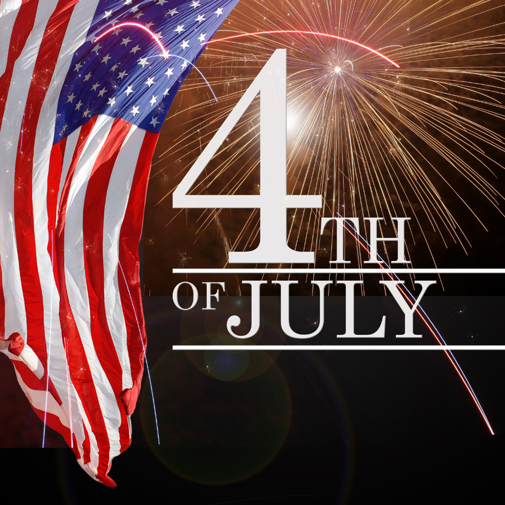 Graphic featuring an American flag and fireworks with the text "4th of July." The graphic celebrates Independence Day and America's 250th anniversary.