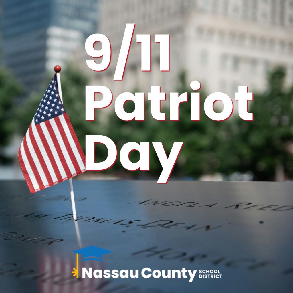 Graphic featuring an American flag at the 9/11 Memorial with the text "9/11 Patriot Day."