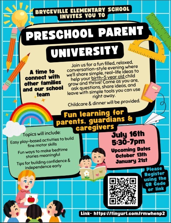 Preschool parent university, July 16th, 5:30 to 7 pm