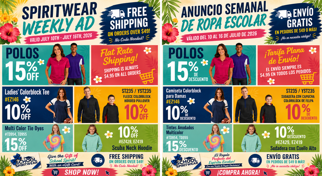 Visual Ad showing 15% off polos, flat rate shipping, 15% off multi-color tie dyes, 10% off women's tee, select fleece and scuba neck hoodie.