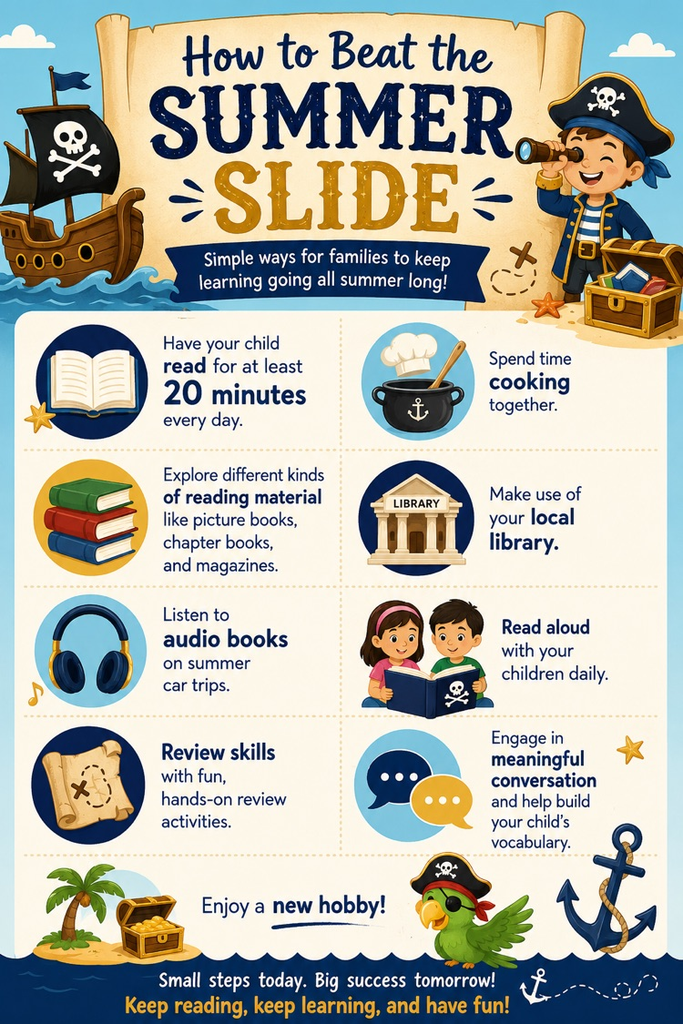 Pirate theme infographic for suggested activities to do in the summer: read, cook, pick a new hobby and have meaningful conversations. graphic is colorful with pirate themed images