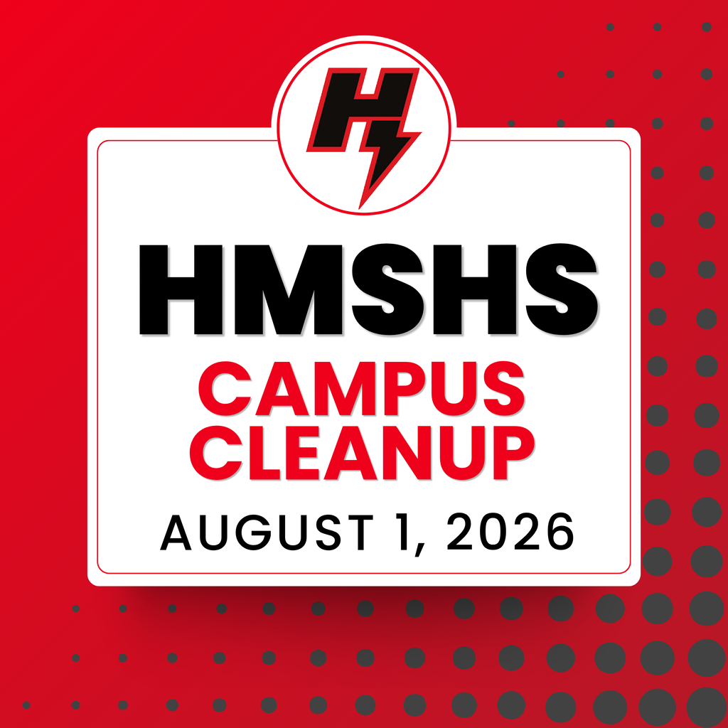 Red and white promotional graphic for Hilliard Middle-Senior High School (HMSHS) Campus Cleanup. The school "H" lightning bolt logo appears at the top. Large text reads: "HMSHS Campus Cleanup" with the date "August 1, 2026." Community members, including parents, students, alumni, and volunteers, are invited to help prepare the campus for the upcoming school year.