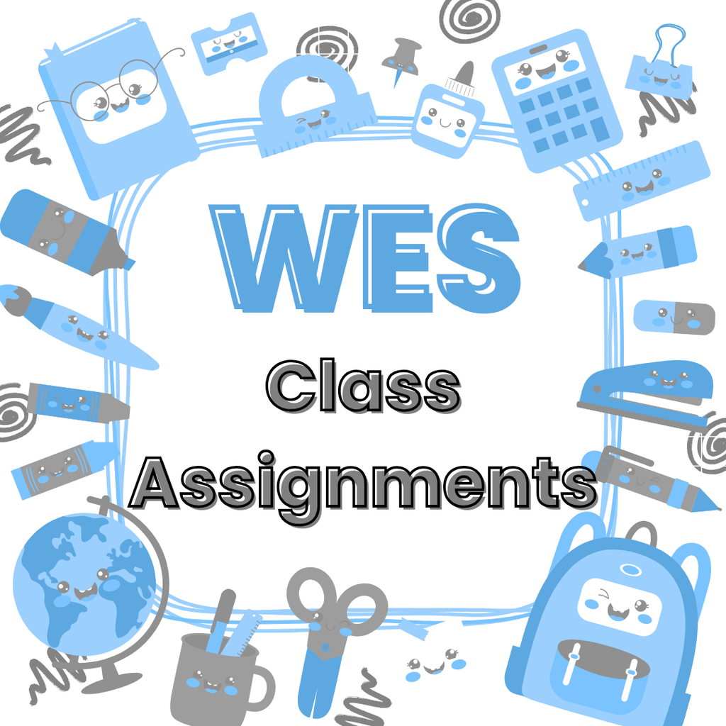 A playful blue and gray "WES Class Assignments" graphic with a white background and a decorative border made of smiling school supplies. Cute cartoon illustrations of a notebook, protractor, calculator, glue bottle, binder clip, ruler, crayons, markers, pencils, eraser, stapler, scissors, globe, pencil cup, and backpack surround the centered text. Light blue curved lines and gray doodle swirls frame the design, creating a fun, welcoming back-to-school theme for Wildlight Elementary School.