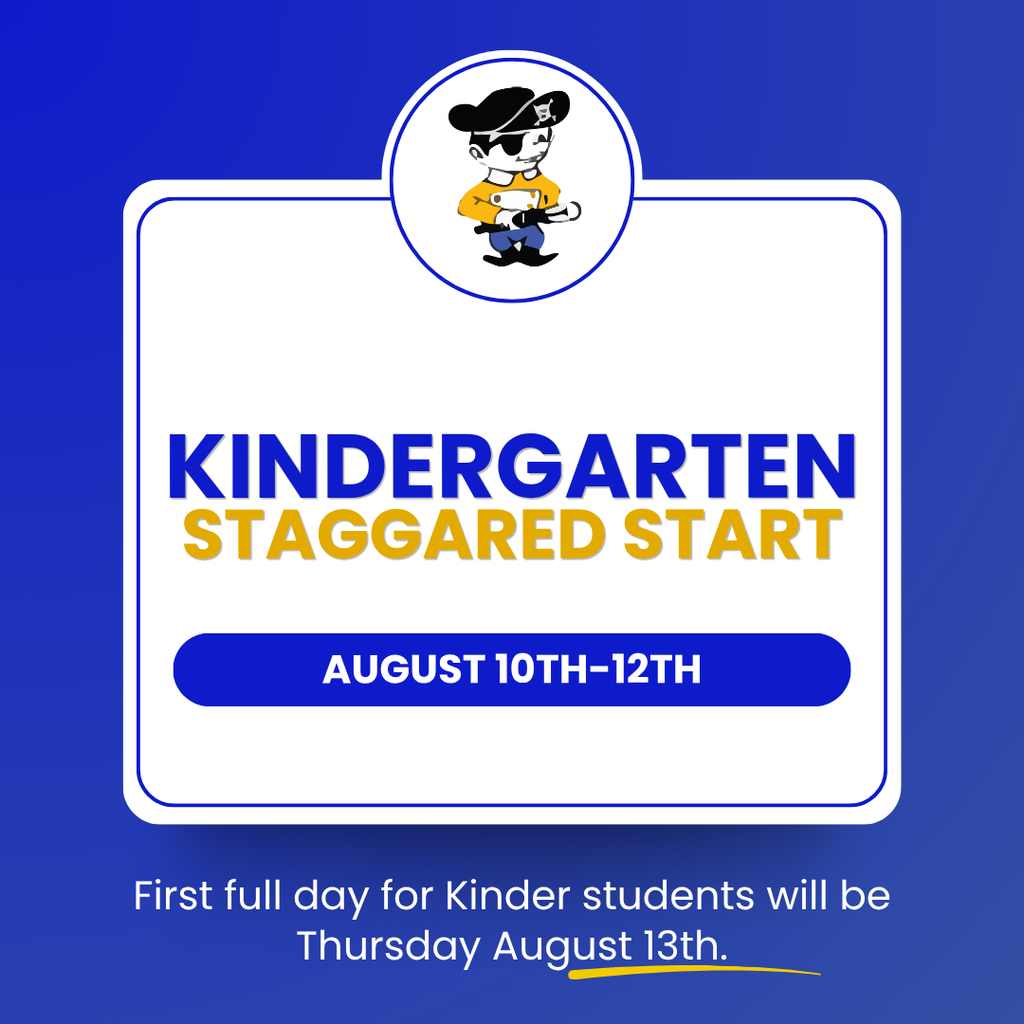 Blue and white informational graphic featuring the Southside Elementary Little Pirate mascot at the top. Large text in the center reads, “Kindergarten Staggered Start.” A blue banner below displays the dates “August 10th–12th.” At the bottom, white text states, “First full day for Kinder students will be Thursday August 13th.” The design uses Southside Elementary’s school colors of blue, white, and gold.