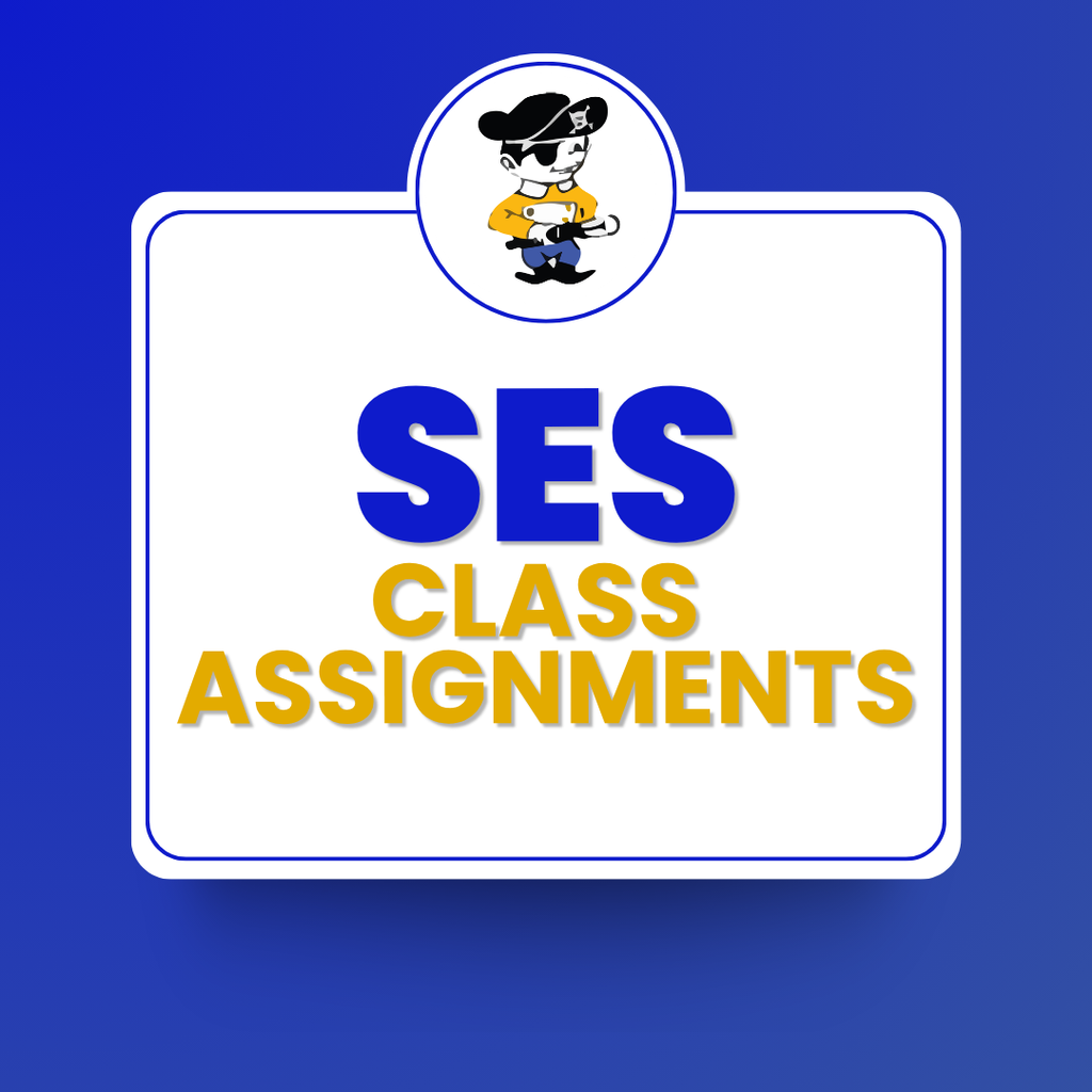 Blue and white Southside Elementary graphic featuring the Little Pirate mascot at the top. Centered inside a white rounded rectangle is the text “SES Class Assignments” in large blue and gold letters. The design uses the school colors of blue, white, and gold and serves as an announcement for student class assignments.