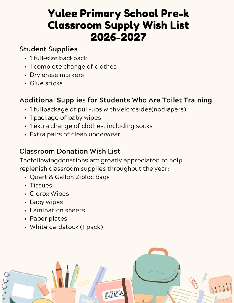 Yulee Primary School Pre-Kindergarten classroom supply wish list for the 2026–2027 school year, including required student supplies and optional classroom donation items.
