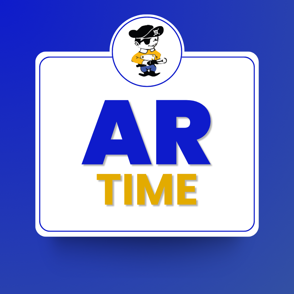 Graphic with a blue background featuring the Southside Elementary Little Pirate mascot at the top. Large bold text in the center reads, "AR TIME," with "AR" in blue and "TIME" in gold. The simple, high-contrast design is intended to draw attention to information about Accelerated Reader (AR) activities or announcements.