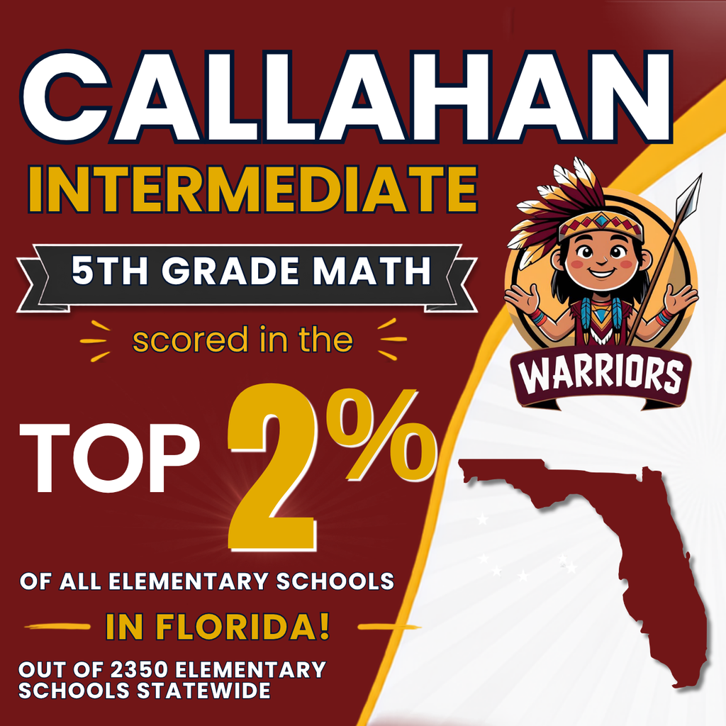 Promotional graphic recognizing Callahan Intermediate School for outstanding academic achievement in fifth grade mathematics. The graphic highlights that fifth grade math students ranked in the Top 2% of all elementary schools in Florida, placing among the state's highest-performing schools out of 2,350 elementary schools statewide. The design includes the Warriors mascot, a Florida state graphic, large "Top 2%" text, and school branding in maroon, gold, and white.