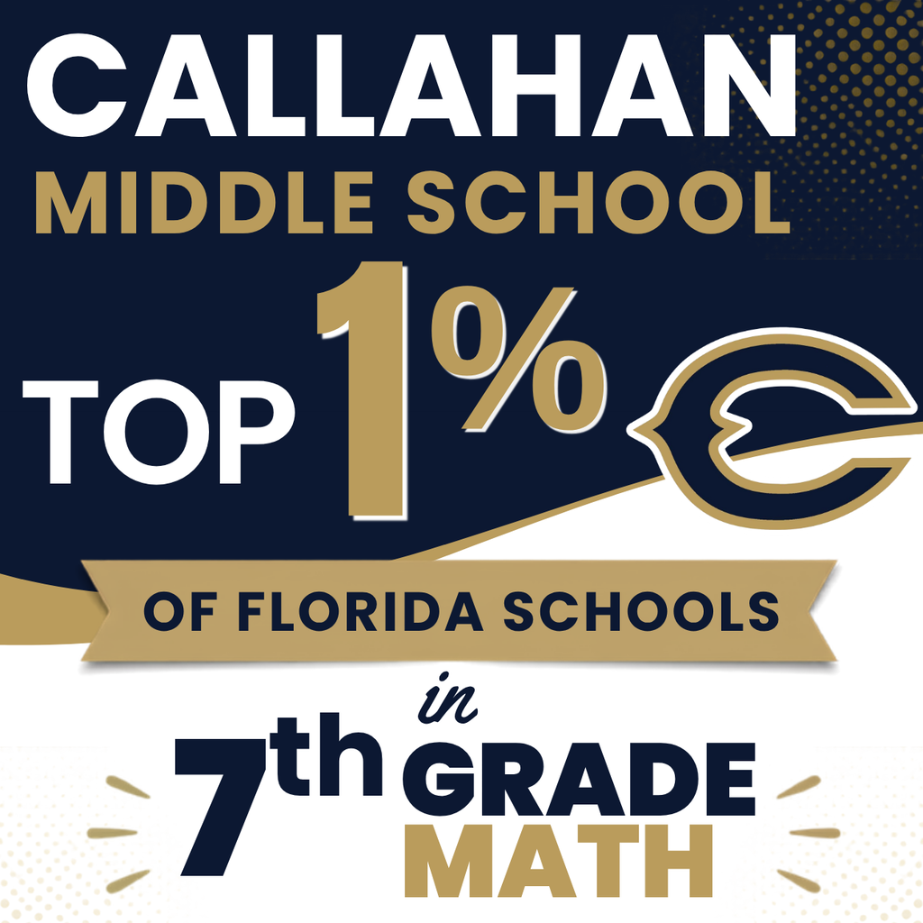 Graphic celebrating Callahan Middle School for ranking in the Top 1% of Florida schools in seventh grade mathematics. The design features bold "Top 1%" typography, the Callahan Middle School logo, and navy, white, and gold school colors, highlighting the school's exceptional academic achievement and commitment to student success in the Nassau County School District.