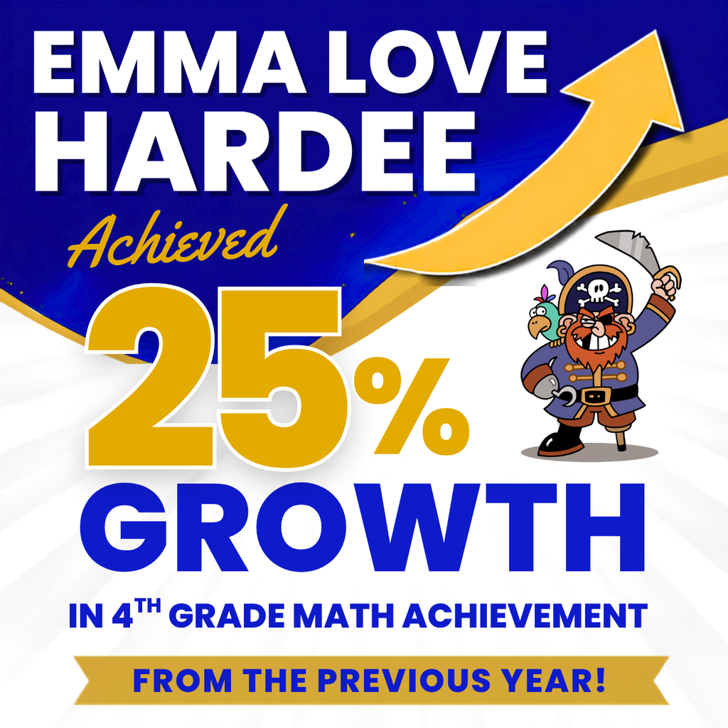 Graphic celebrating Emma Love Hardee Elementary School for achieving a 25% increase in fourth grade mathematics achievement compared to the previous school year. The design features a large gold arrow and bold "25% Growth" text, highlighting the school's commitment to accelerating student achievement and academic excellence in the Nassau County School District.