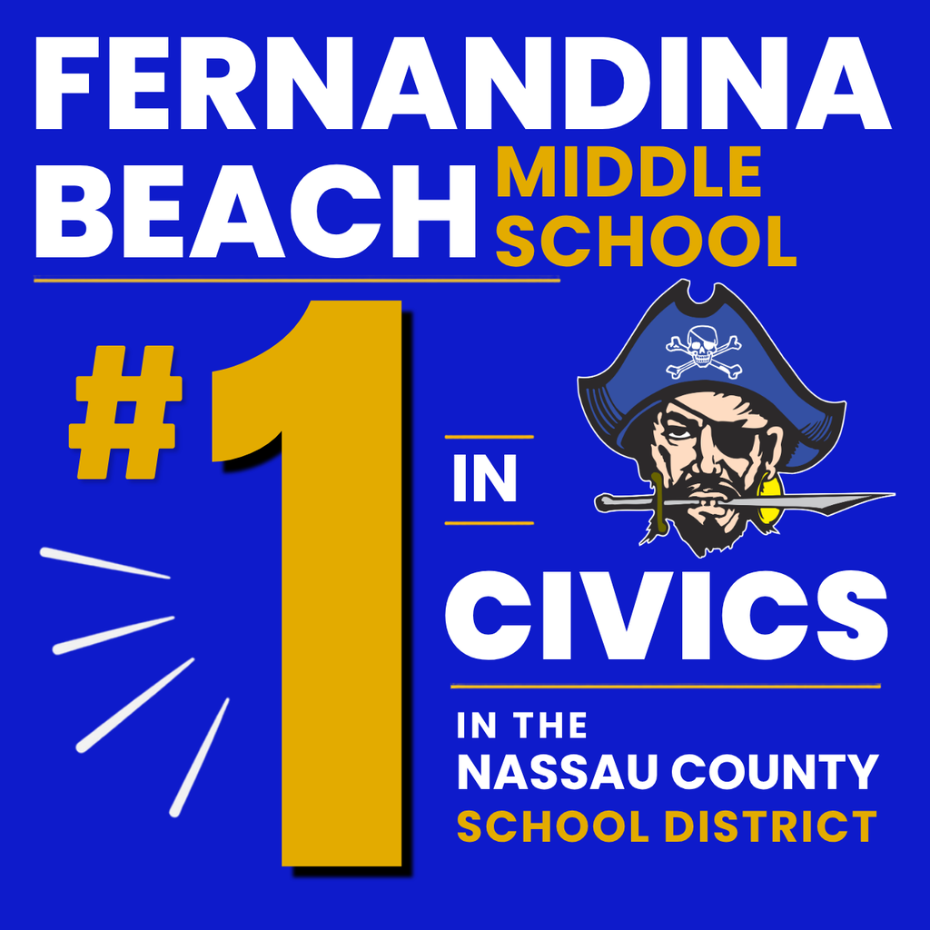 Graphic celebrating Fernandina Beach Middle School for ranking #1 in Civics in the Nassau County School District. The design features bold "#1 in Civics" typography, the Fernandina Beach Middle School Pirates logo, and blue, gold, and white school colors, highlighting the school's exceptional civics achievement, academic excellence, and commitment to preparing informed and engaged students.