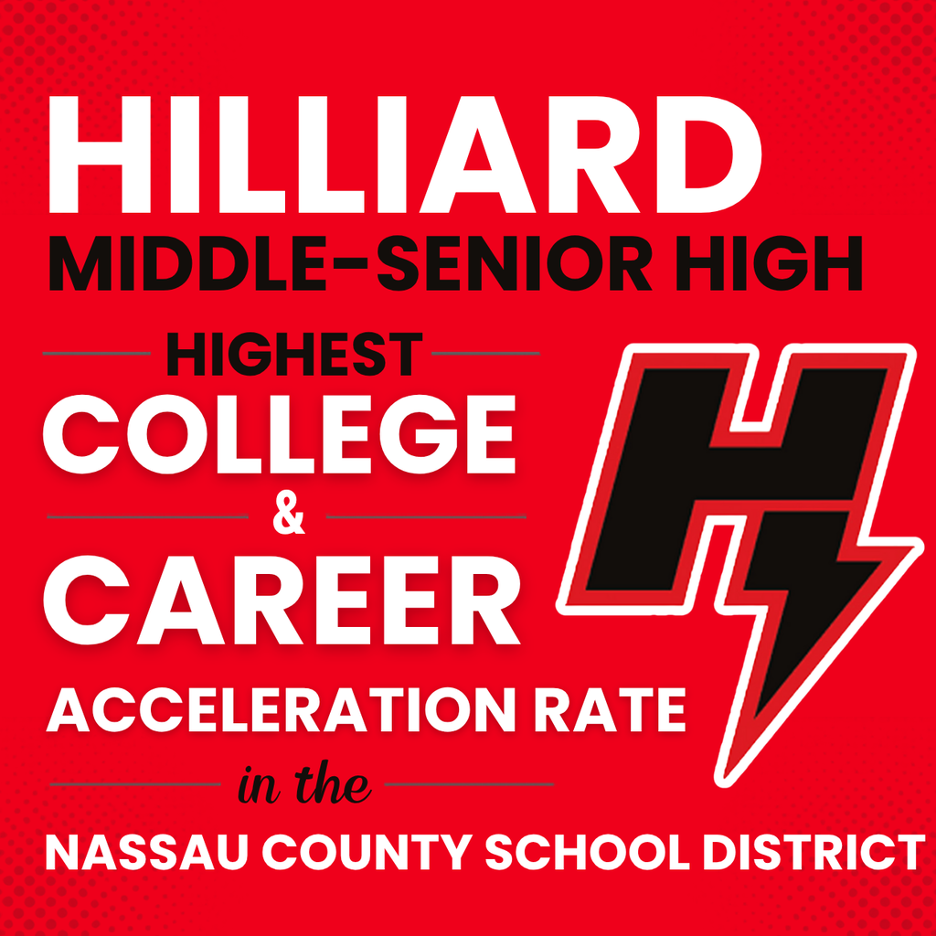 Graphic celebrating Hilliard Middle-Senior High School for achieving the highest College and Career Acceleration rate in the Nassau County School District. The design features bold achievement text, the Hilliard Middle-Senior High School logo, and red, black, and white school colors, highlighting exceptional college and career readiness, academic opportunity, and student success.