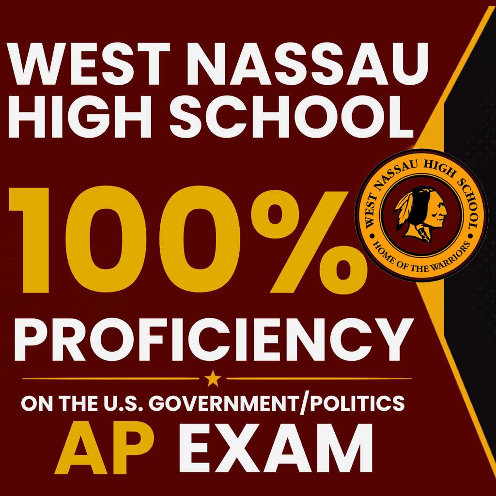 Graphic celebrating West Nassau High School for achieving 100% proficiency on the Advanced Placement United States Government and Politics Exam. The design features bold "100% Proficiency" typography, the West Nassau High School logo, and maroon, gold, and white school colors, highlighting exceptional academic achievement, college readiness, and student success in the Nassau County School District.