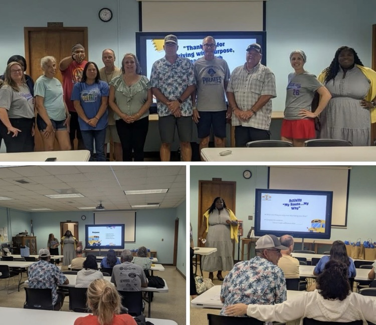 A photo collage of three pictures featuring school leaders and bus drivers. The top picture is a group picture. The other pictures show the group collaborating