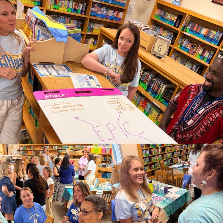 A local school library where teachers are talking, collaborating and writing on paper titled EPIC. The tables are covered in cloths that look like the ocean and there are decorations with a surfing theme