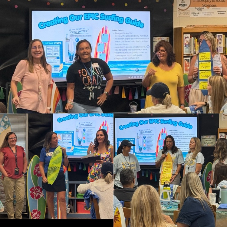 Teachers are standing in front of a smart panel titled “Creating our EPIC Surfing Guide”. There are 3 groups shown presenting. Presentations include a surfboard with large sticky notes. one group is dancing