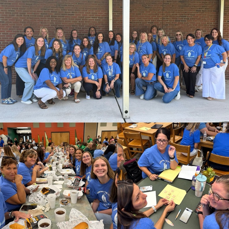 ELH’s teachers in a group photo wearing light blue shirts that say “Surfing the Sea of Successful Learning”. The bottom left picture shows several ELH teachers eating Jimmy Johns and the bottom right has 3 teachers working together on a project
