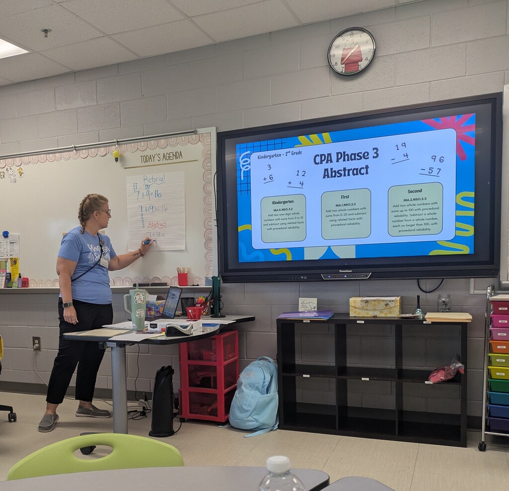 A teacher leads a professional development session in a classroom, writing math examples on chart paper while a large interactive display presents a lesson on the CPA (Concrete-Pictorial-Abstract) instructional framework for Kindergarten through 2nd grade math. Tables, classroom materials, and instructional resources are visible, highlighting collaborative teacher learning.
