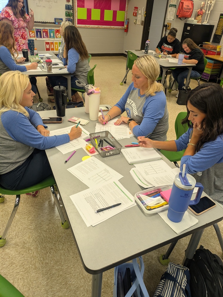 Southside Elementary teachers work together in collaborative groups during professional development, taking notes, discussing instructional strategies, and reviewing curriculum resources.