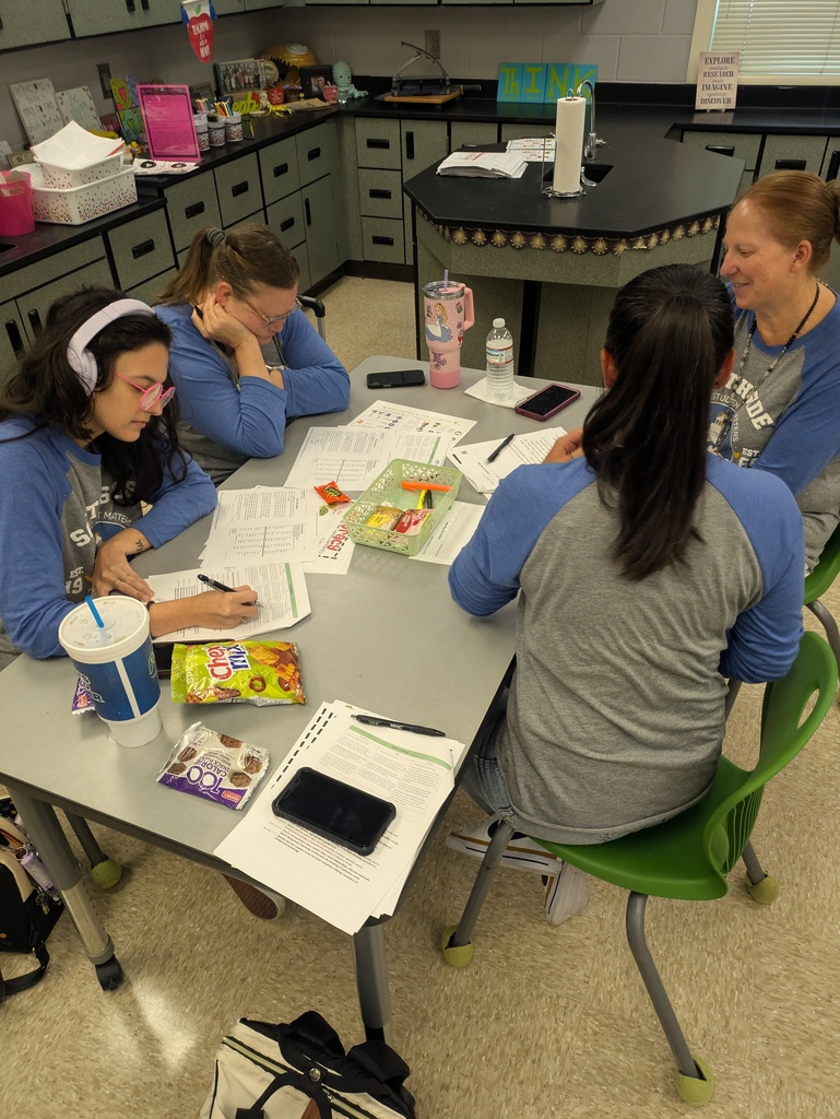 A small group of Southside Elementary teachers collaborates around a classroom table during professional development, reviewing instructional materials and discussing lesson planning.