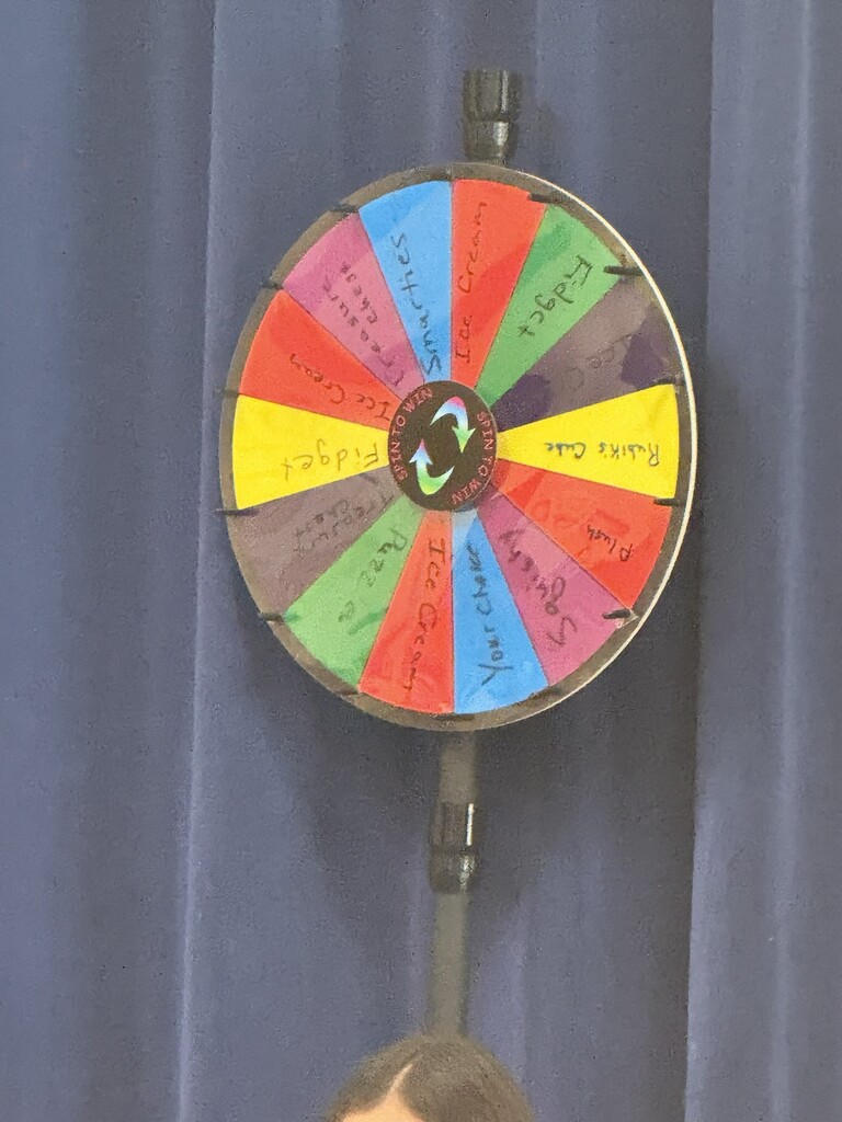 Picture of a prize wheel with different prizes that students can earn as incentives.