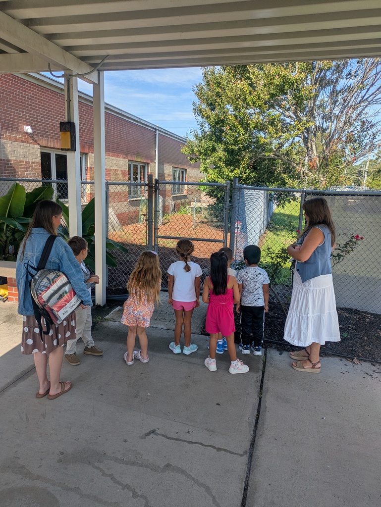 A group of students and two adults stand with their backs to the camera facing a chicken coop.