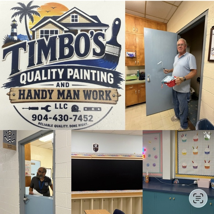 Collage showing a local painting and handyman company’s logo and photos of workers completing painting and maintenance work at Emma Love Hardee Elementary, including a freshly painted blue door, classroom walls, and cabinetry.