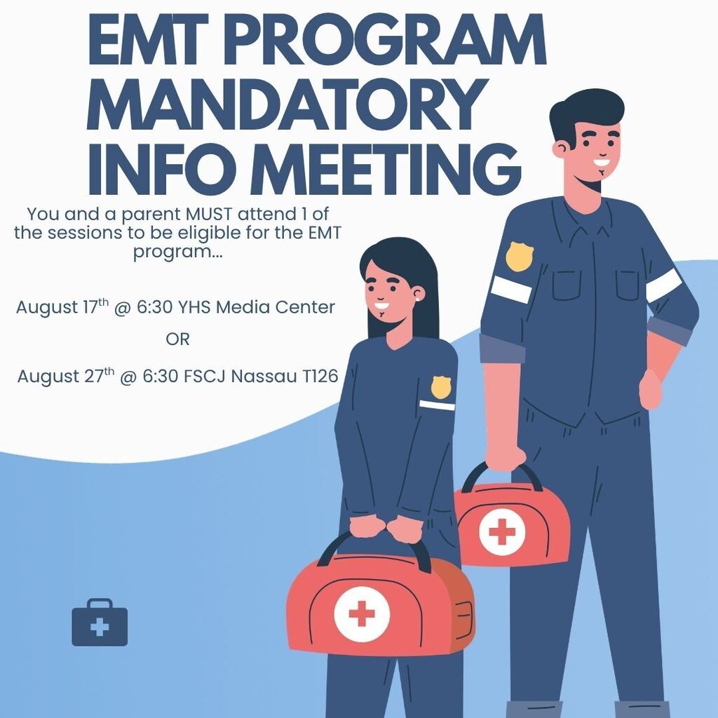 illustration depicts a male and female EMT in blue uniforms holding red first aid bags.