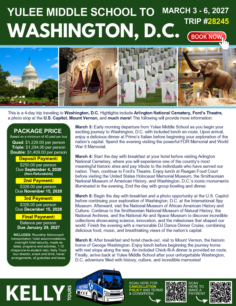 flyer describing Washington DC trip for 8th graders
