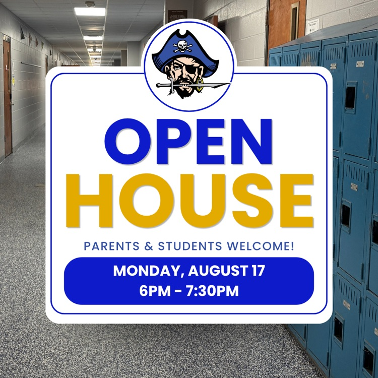 open house parents and  students welcome with logo and school hallway in the background Monday, August 17 6pm-7:30pm