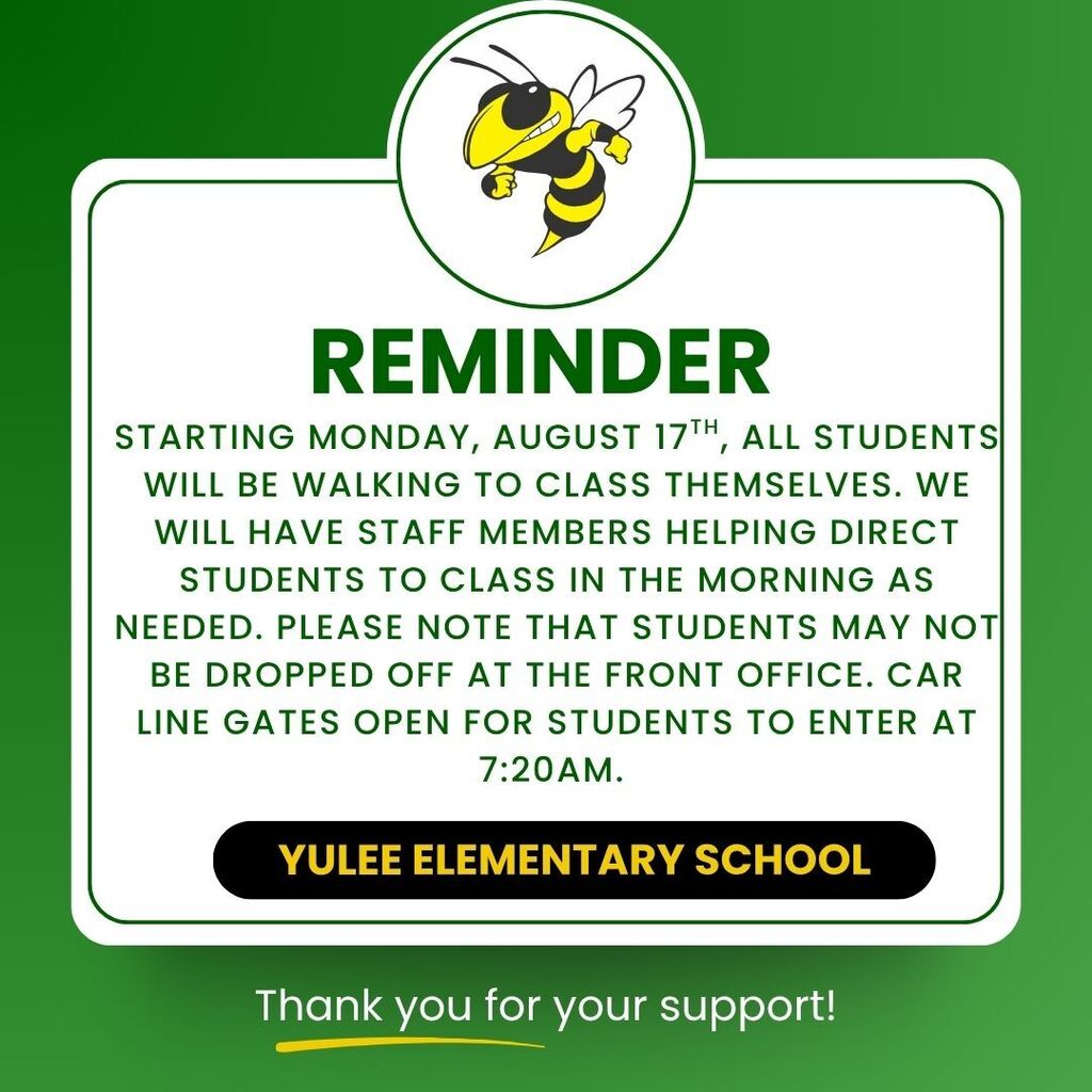 Starting Monday, August 17th, all students will be walking to class themselves. We will have staff members helping direct students to class in the morning as needed. Please note that students may not be dropped off at the front office. Car line gates open for students to enter at 7:20am. 