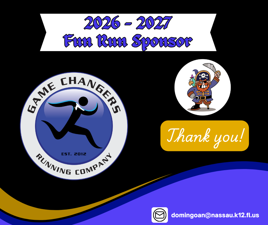 Emma Love Hardee Elementary’s 2026–2027 Fun Run Sponsor graphic featuring pirate-themed school branding, Emma Love Hardee’s logo and Game Changers Running Company logo. The graphic thanks Game Changers Running Company for sponsoring the event. Contact information for Ms. Domingo is provided.