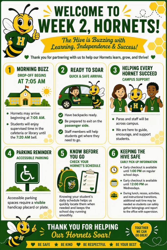 Green and yellow Hornet-themed school infographic welcoming students to Week 2, highlighting drop-off times, supervised arrival procedures, campus support, parking reminders, schedule awareness, and early pick-up guidelines.