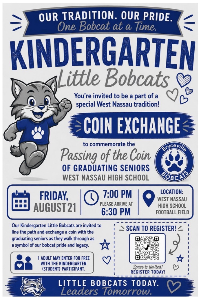 8/21 coin exchange for kindergarten students at west Nassau, QR code to register